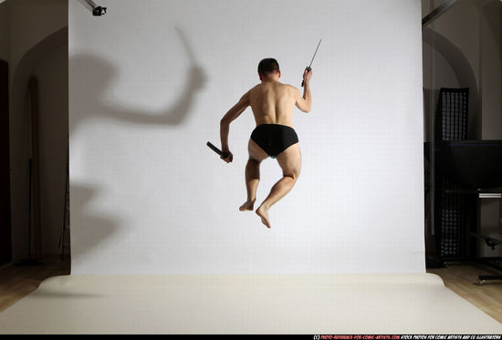 Man Adult Athletic White Fighting with sword Moving poses Underwear