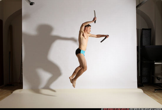 Man Adult Athletic White Fighting with sword Moving poses Underwear