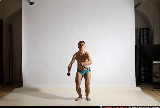 Man Adult Athletic White Fighting with sword Moving poses Underwear