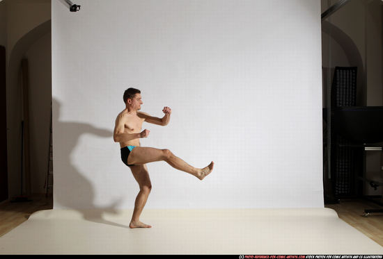 Man Adult Athletic White Kick fight Moving poses Underwear