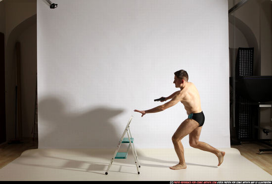 Man Adult Athletic White Fighting with gun Moving poses Underwear