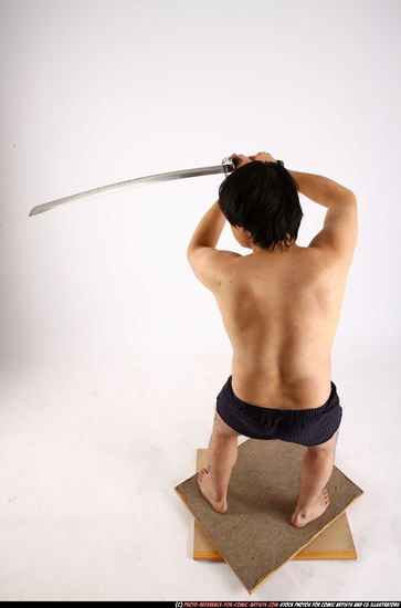 Man Adult Average Fighting with sword Standing poses Underwear Asian