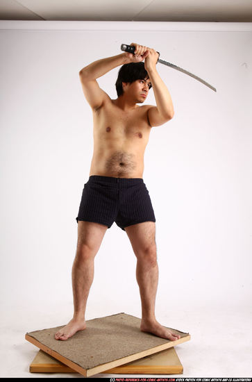 Man Adult Average Fighting with sword Standing poses Underwear Asian