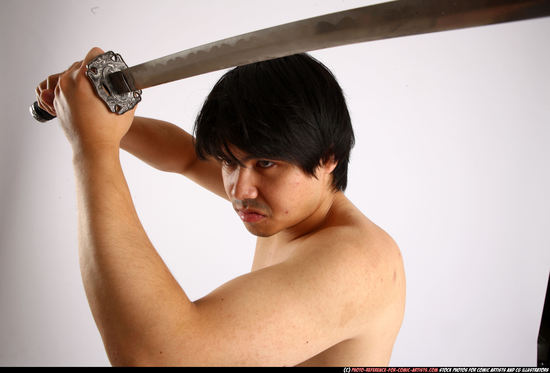 Man Adult Average Fighting with sword Standing poses Underwear Asian