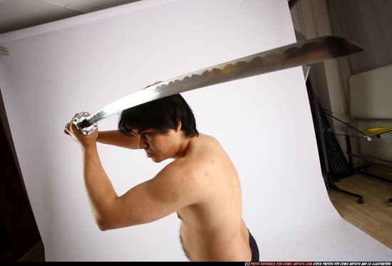 Man Adult Average Fighting with sword Standing poses Underwear Asian