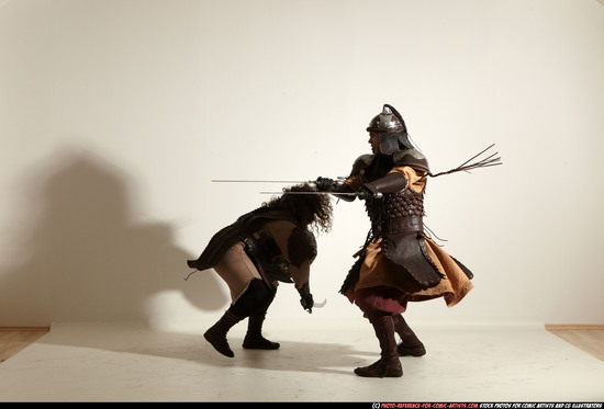 Adult Average White Fighting with sword Moving poses Army Men