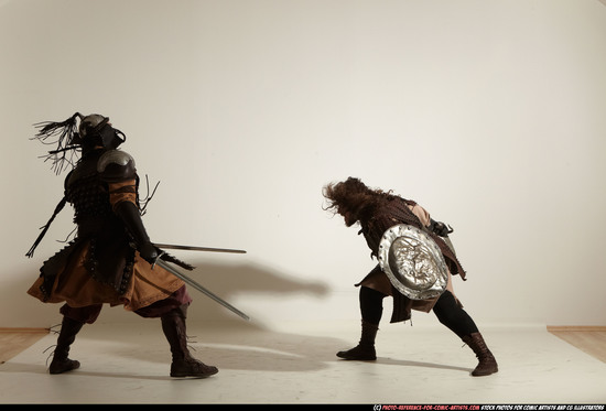 Adult Average White Fighting with sword Moving poses Army Men