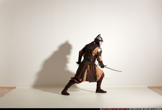 Man Adult Athletic White Fighting with sword Moving poses Army