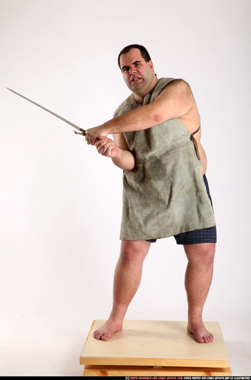 Man Adult Chubby White Fighting with sword Standing poses Coat