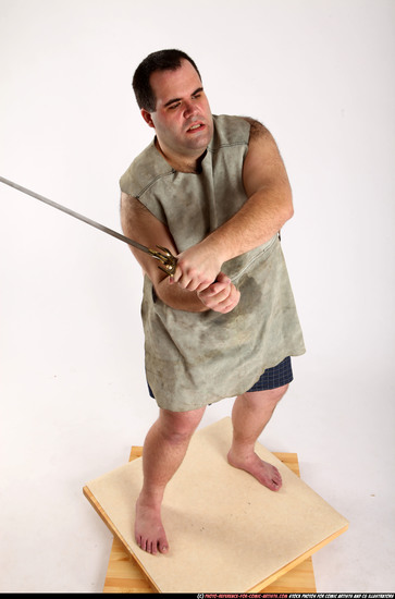 Man Adult Chubby White Fighting with sword Standing poses Coat