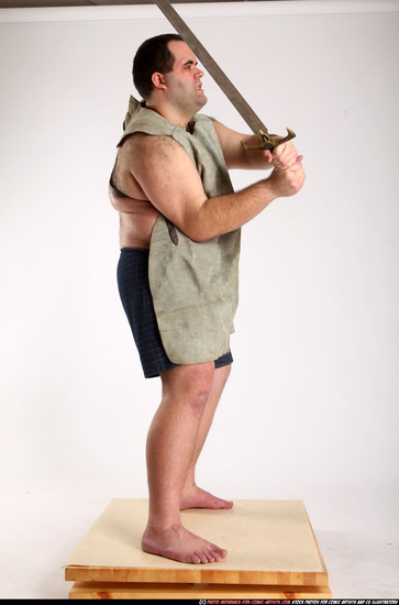 Man Adult Chubby White Fighting with sword Standing poses Coat