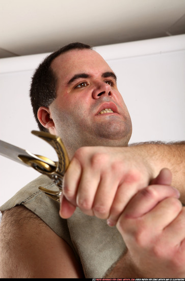 Man Adult Chubby White Fighting with sword Standing poses Coat