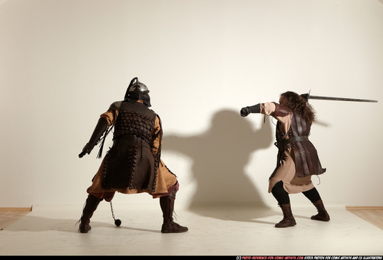 Adult Average White Fighting with sword Moving poses Army Men