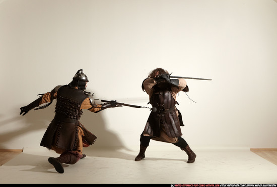 Adult Average White Fighting with sword Moving poses Army Men