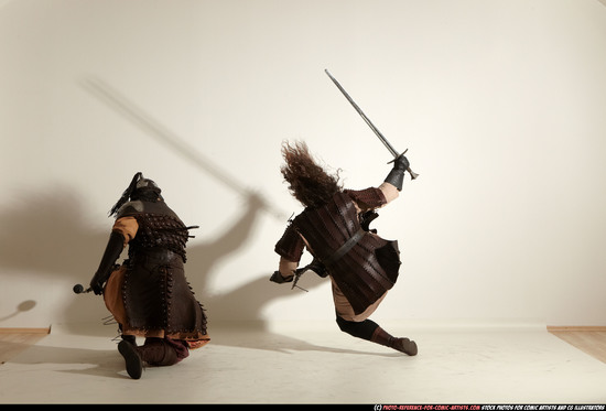 Adult Average White Fighting with sword Moving poses Army Men