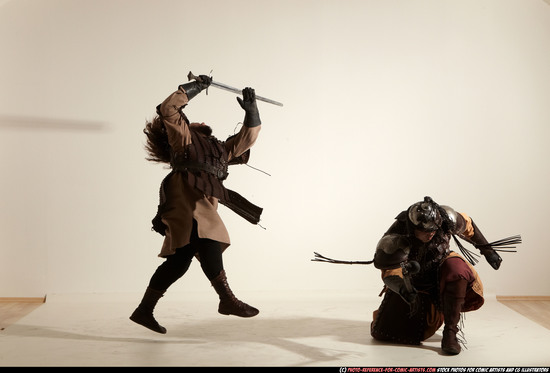 Adult Average White Fighting with sword Moving poses Army Men