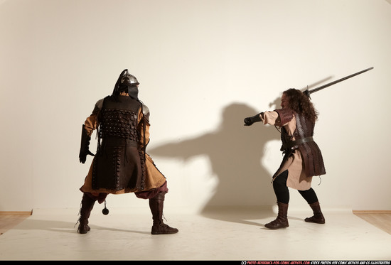 Adult Average White Fighting with sword Moving poses Army Men