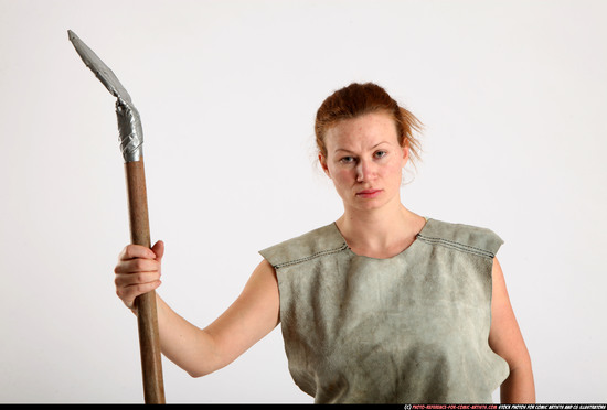 Woman Adult Average White Fighting with spear Kneeling poses Army