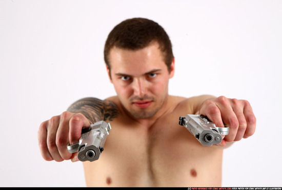 Man Adult Athletic White Fighting with gun Kneeling poses Pants