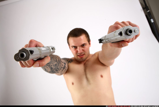 Man Adult Athletic White Fighting with gun Kneeling poses Pants