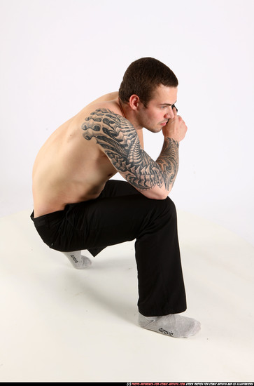 Man Adult Athletic White Fighting with gun Kneeling poses Pants