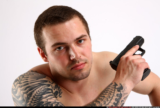 Man Adult Athletic White Fighting with gun Kneeling poses Pants