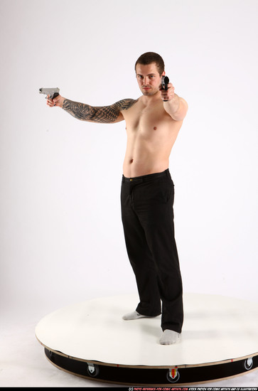 Man Adult Athletic White Fighting with gun Standing poses Pants