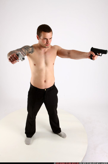 Man Adult Athletic White Fighting with gun Standing poses Pants