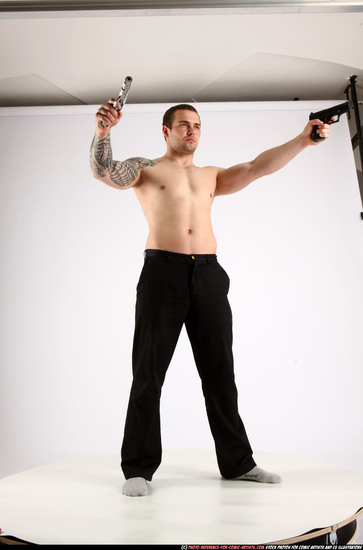 Man Adult Athletic White Fighting with gun Standing poses Pants