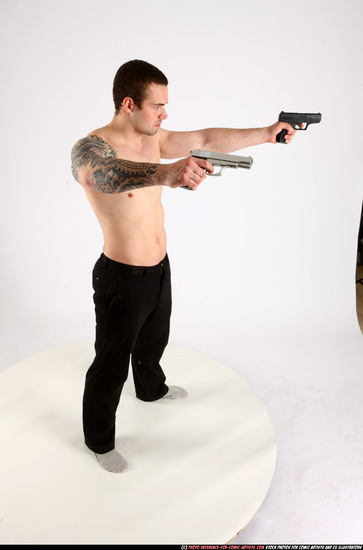 Man Adult Athletic White Fighting with gun Standing poses Pants