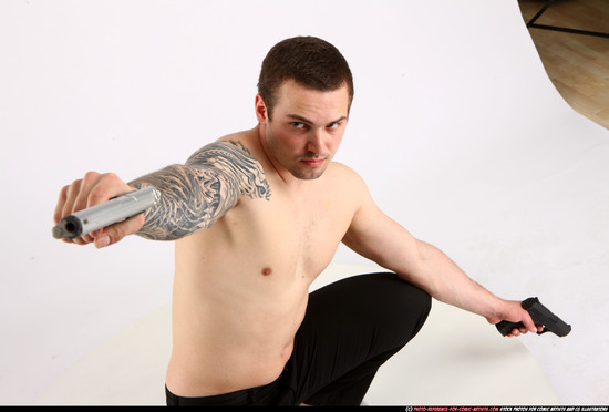 Man Adult Athletic White Fighting with gun Kneeling poses Pants