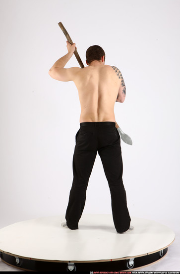 Man Adult Athletic White Fighting with spear Standing poses Pants