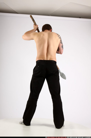 Man Adult Athletic White Fighting with spear Standing poses Pants