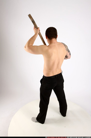 Man Adult Athletic White Fighting with spear Standing poses Pants