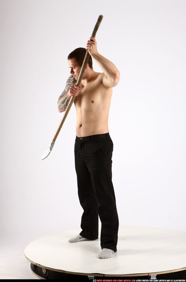 Man Adult Athletic White Fighting with spear Standing poses Pants