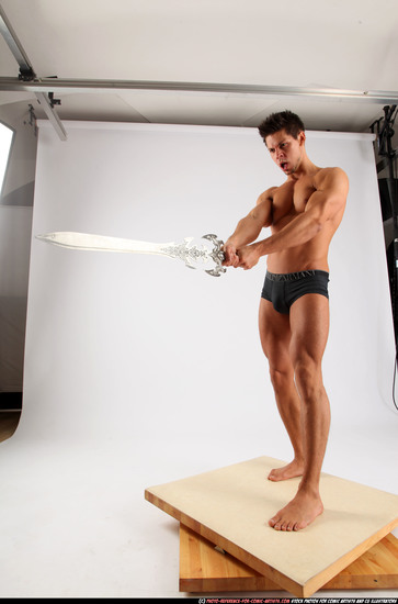 Man Adult Muscular White Fighting with sword Standing poses Underwear