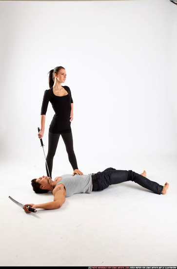 Man & Woman Adult Athletic White Fighting with sword Execution Casual