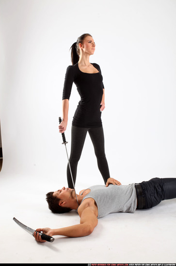 Man & Woman Adult Athletic White Fighting with sword Execution Casual