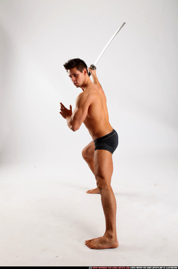 Man Adult Muscular White Fighting with sword Standing poses Underwear