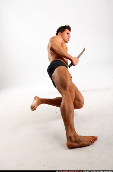 Man Adult Muscular White Fighting with sword Moving poses Underwear