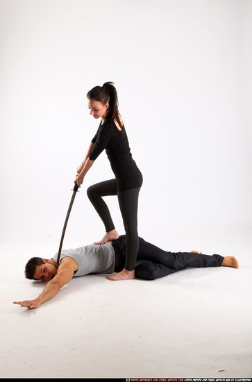 Man & Woman Adult Athletic White Fighting with sword Execution Casual