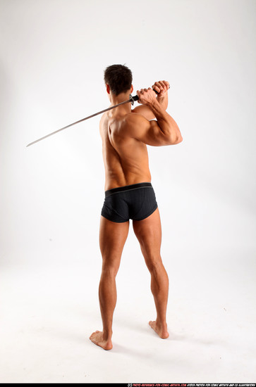 Man Adult Athletic White Fighting with sword Standing poses Underwear