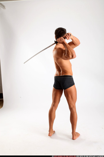 Man Adult Athletic White Fighting with sword Standing poses Underwear