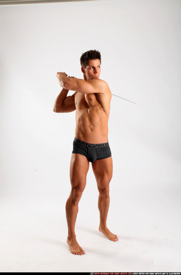 Man Adult Athletic White Fighting with sword Standing poses Underwear