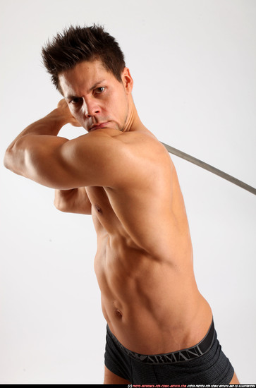 Man Adult Athletic White Fighting with sword Standing poses Underwear