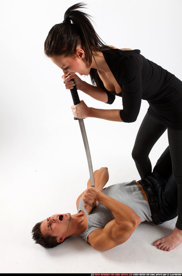 Man & Woman Adult Athletic White Fighting with sword Fight Casual