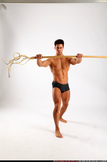 Man Adult Athletic White Fighting with spear Standing poses Underwear