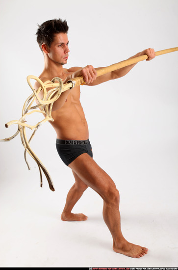 Man Adult Athletic White Fighting with spear Standing poses Underwear