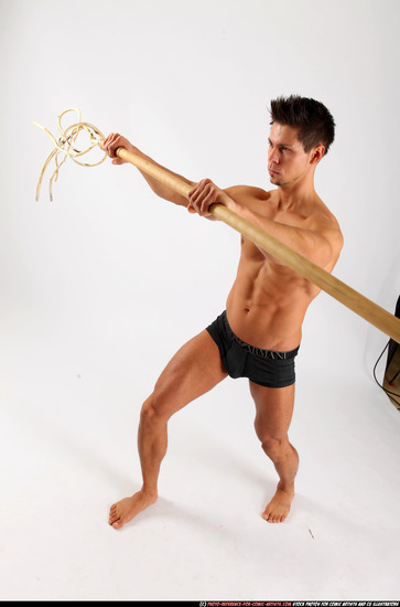 Man Adult Athletic White Fighting with spear Standing poses Underwear