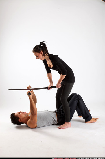 Man & Woman Adult Athletic White Fighting with sword Fight Casual